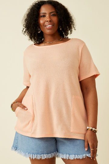 HDK1787 Coral Womens Waffle Knit Patch Pocket Short Sleeve Dolman Top Front